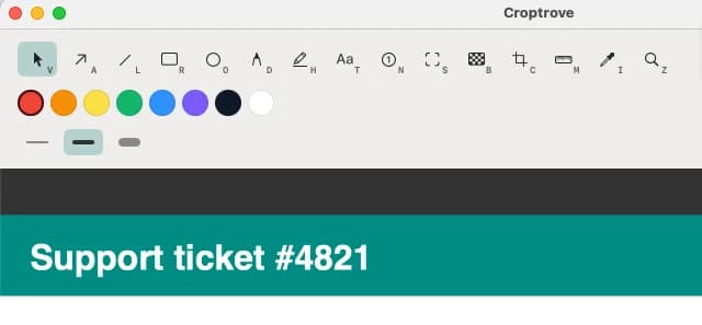 The Croptrove editor toolbar with selection, arrow, line, shape, pen, text, numbered step, blur and crop tools above a screenshot.